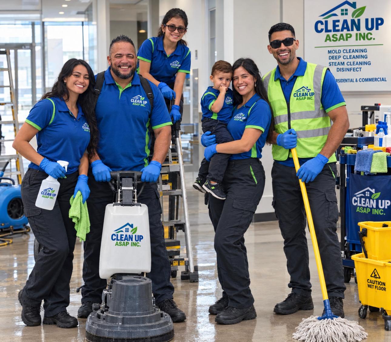 CLEANUP ASAP family team in blue uniforms