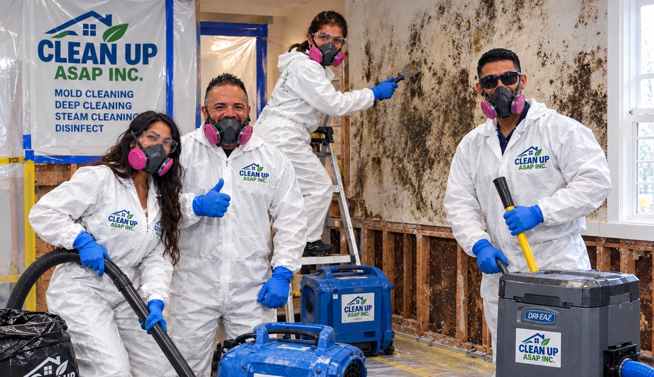 Illustrative adult cleanup team in protective suits and professional equipment
